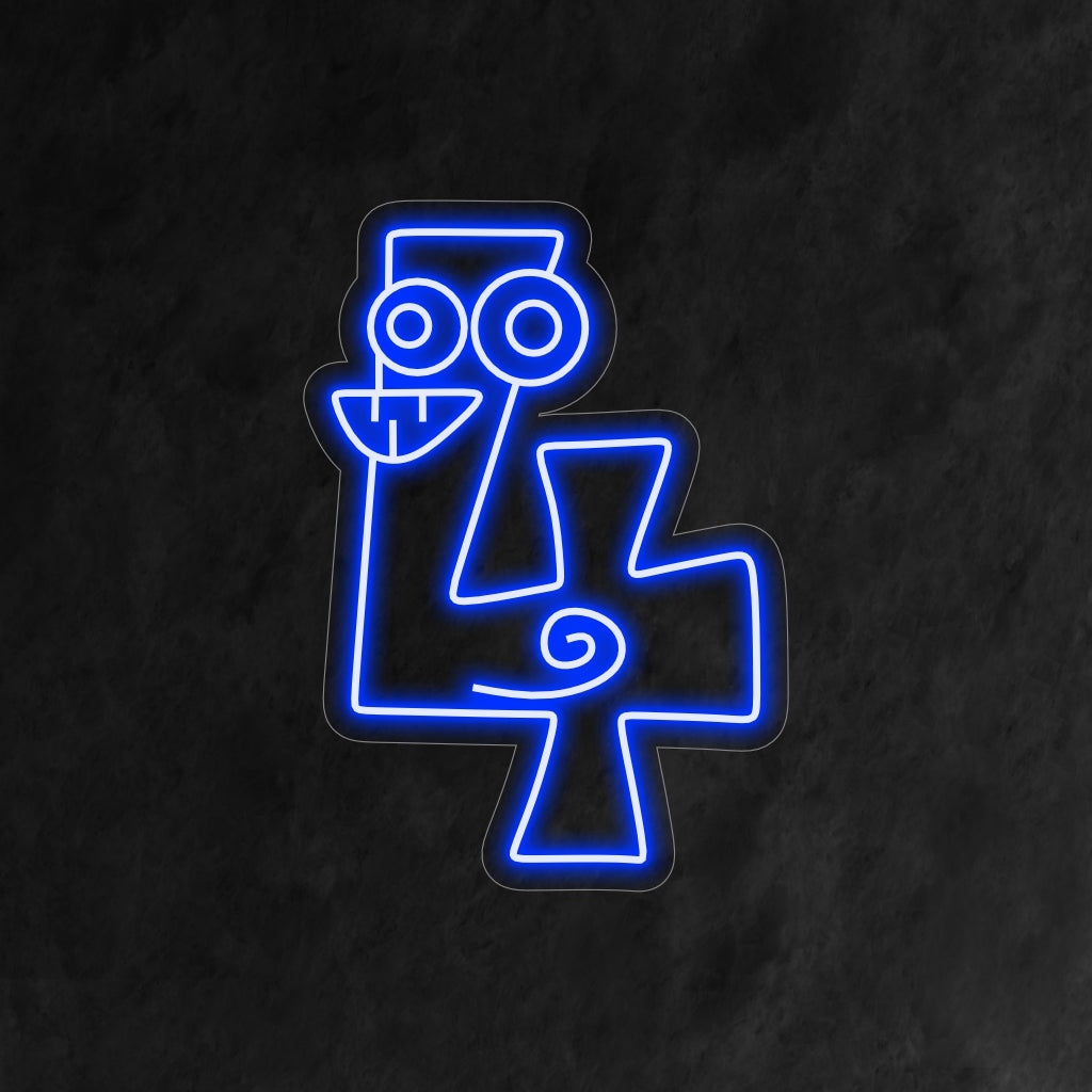 "4th Birthday Neon Sign" sisältää koomisen ja sarjakuvamaisen numeron 4 hauskoilla silmillä ja hampailla, jotka lisäävät hauskan elementin lapsen neljännen syntymäpäivän juhliin.