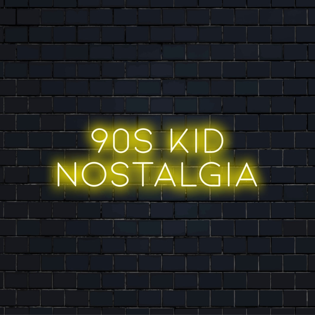 90s Kid Nostalgia Neon Sign, bright neon lettering on dark brick wall