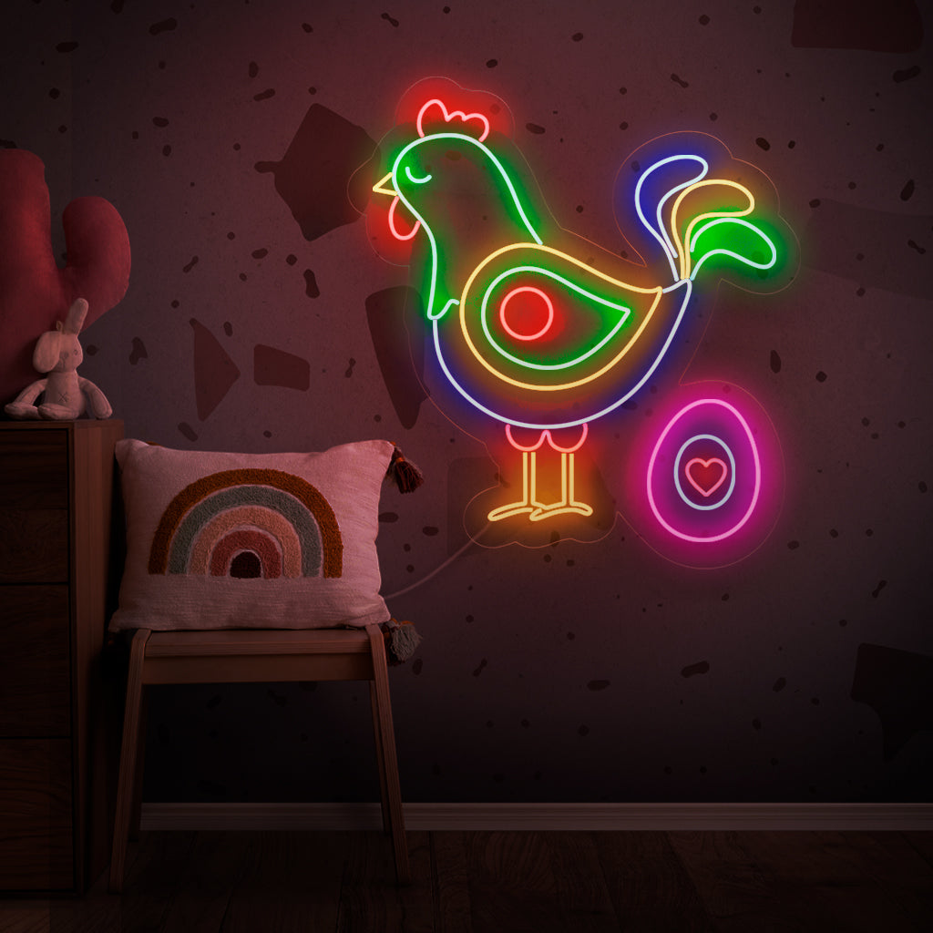 "Abstract Chicken And Egg Neon Sign" - Leikkisä neonvalo, jossa abstrakti kuva kanasta ja munasta, tuo huumoria ja modernia charmia asuintilaasi.