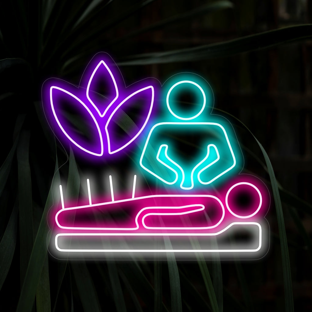 "Akupunktio neuloilla Neonkyltti" - Eloisa neonvalo esittelee akupunktioneuloja luoden terveyteen keskittyvän ja modernin tunnelman asuintilaasi.