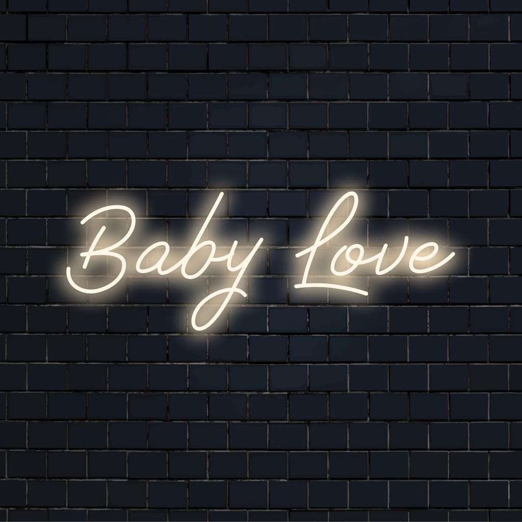 Kirkas LED-neonkyltti leikkisällä Baby Love -tekstillä, täydellinen lastenhuoneeseen tai leikkihuoneeseen ja lisää lämpöä ja rakkautta hellästi.