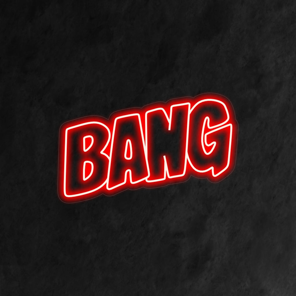 "Bang Neon Sign" on ilmeikäs ja vaikuttava lisä sisustukseen. Neonvalo, joka tuo energiaa ja jännitystä sanalla "Bang".