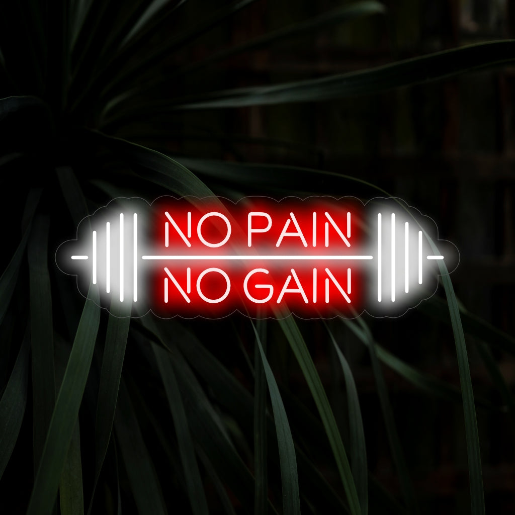 "Barbell and No Pain - No Gain Neon Sign" - motivoiva neonvalo, jossa on tanko ja voimaannuttava lause "No Pain - No Gain", joka tuo motivaatiota ja päättäväisyyttä harjoitustilaan tai kuntosaliisi.