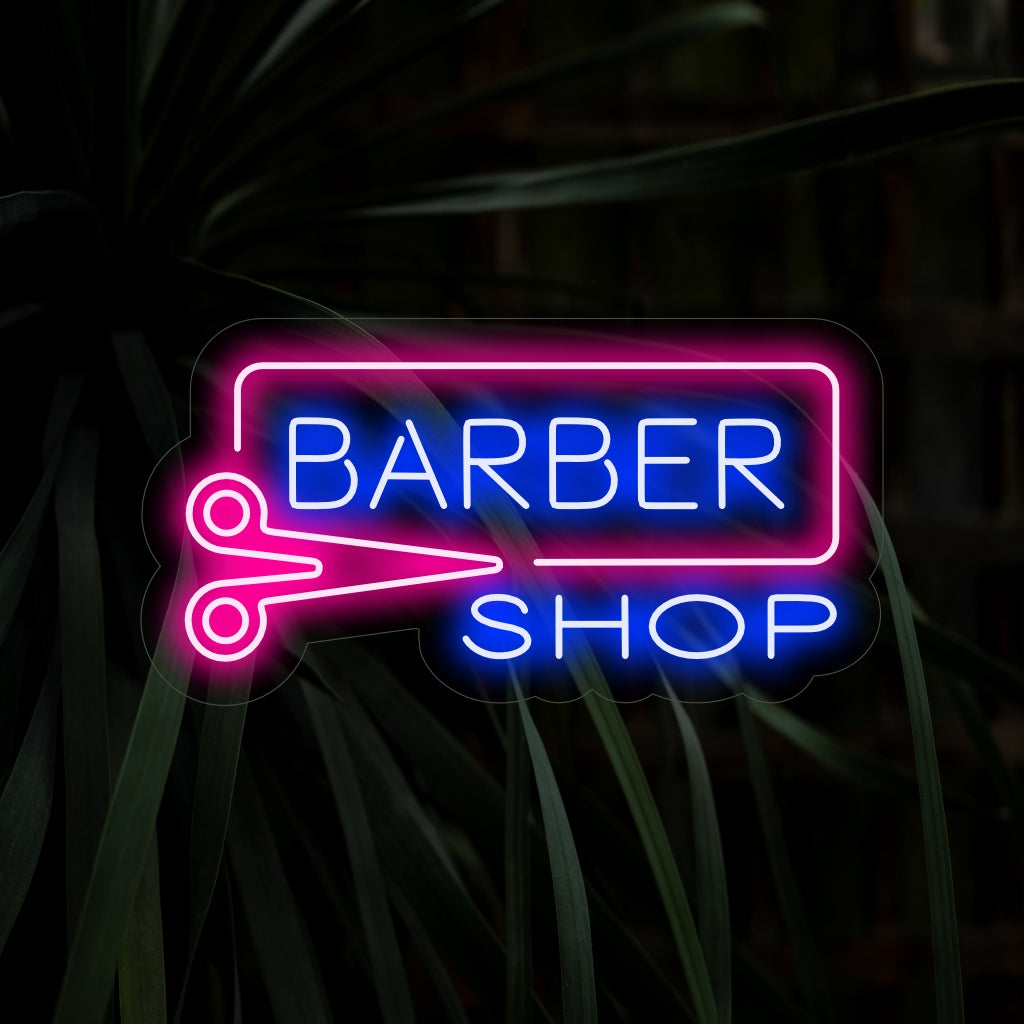 "Barber Shop Neon Sign" - Klassinen neonvalo, jossa on sanat "Barber Shop", joka luo ajattoman ja tyylikkään tunnelman hoitolaitokseesi.