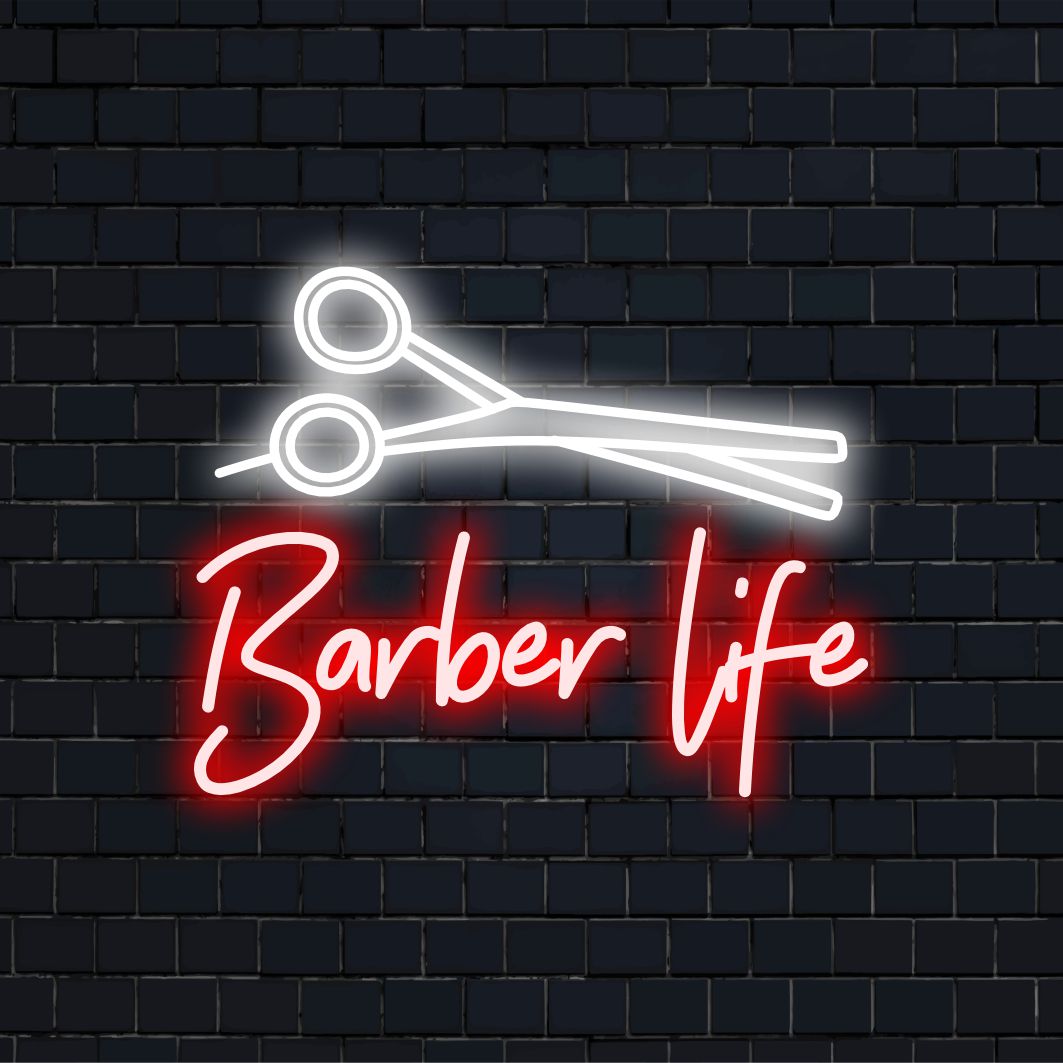 Mukautettu Barber Life -LED-neonkyltti, jossa on terävät linjat ja klassinen muotoilu, täydellinen neonvalosisustus parturiin.
