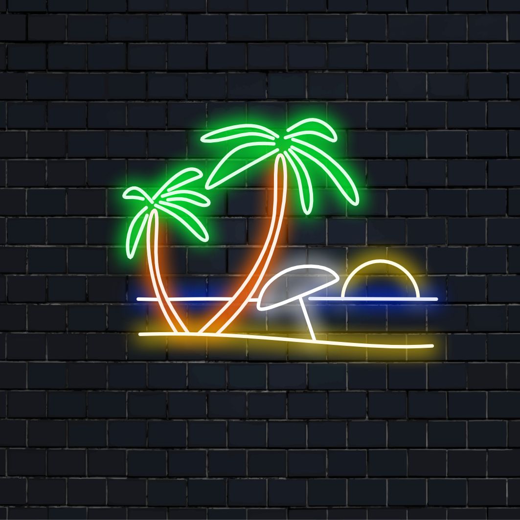 "Beach and Palm Trees Neon Sign" - Trooppinen neonvalo, jossa on rannan ja palmujen symboleja, jotka tuovat rannikon charmia ja rentoutumista asuintilaasi.