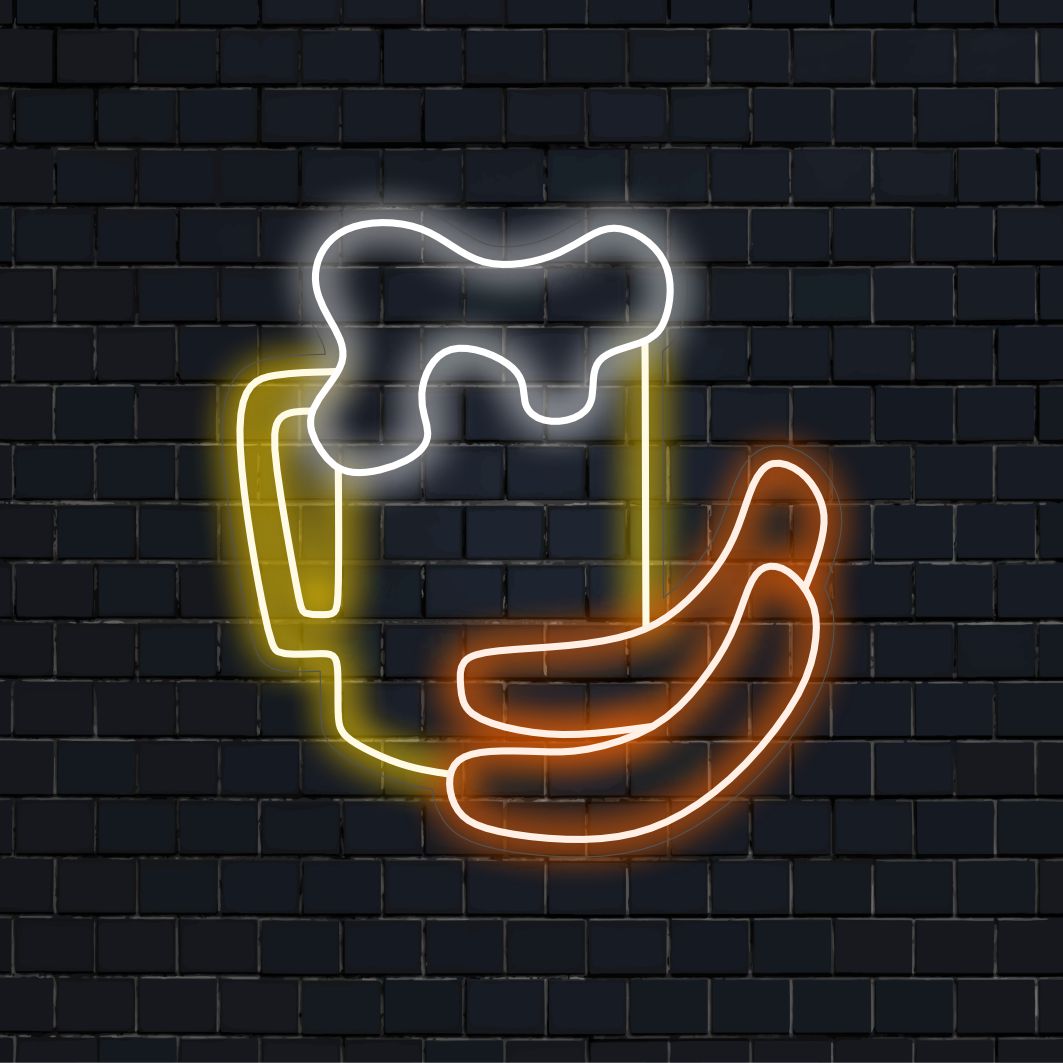 "Beer and Sausage Neon Sign" - Eloisa neonvalo, jossa on oluen ja makkaran symboleja ja joka tuo iloisuutta ja rakkautta hyviin aikoihin pubiisi tai olutpuutarhaasi.