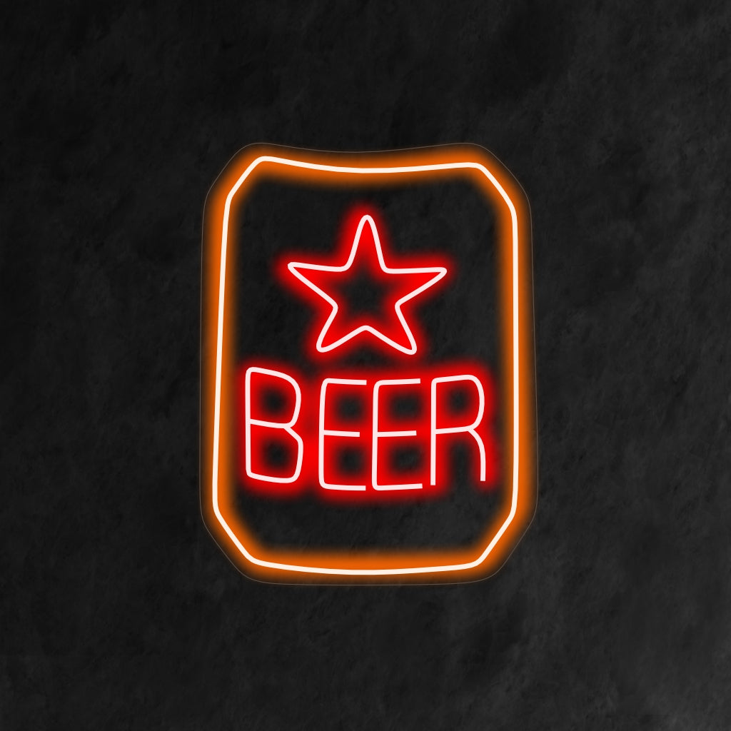 "Beer Brand With Star Neon Sign" on brändätty ja tyylikäs lisä baarisi sisustukseen. Neonvalo, joka esittelee suosittua olutmerkkiä tähdellä.