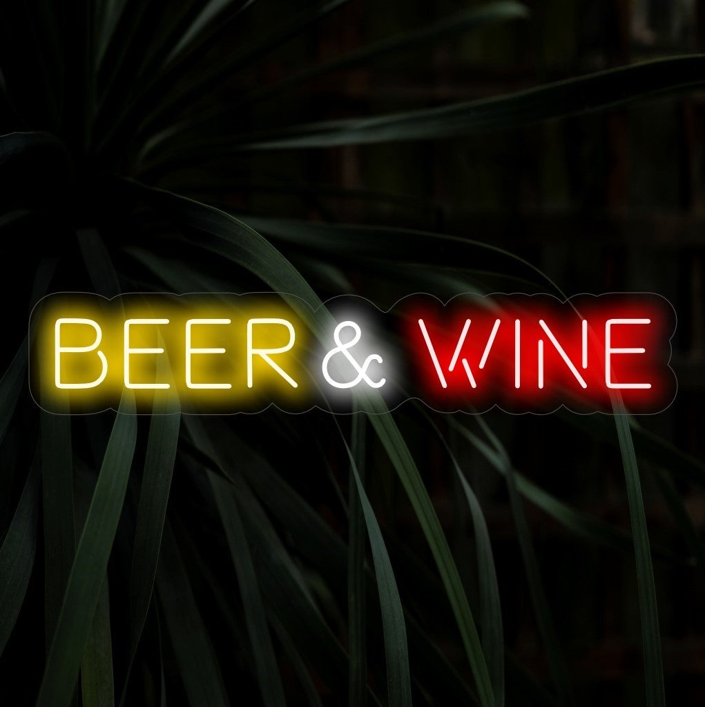"Beer and Wine Neon Sign" - Juhlallinen neonvalo, jossa on oluen ja viinin symboleja, tuoden juhlan ja nautinnon tunnelmaa baariisi tai pubiisi.