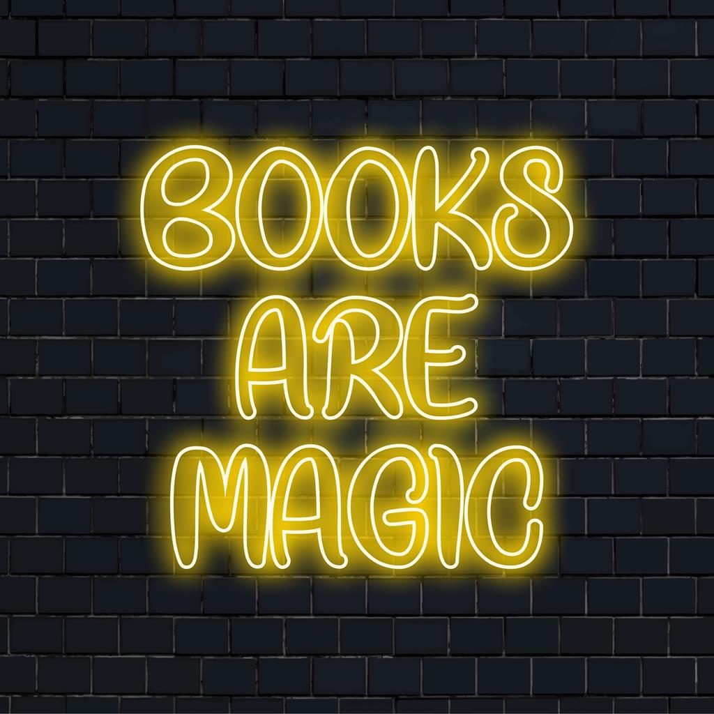 Books Are Magic mukautettu LED-valokuva; eloisaa neontekstitaidetta hehkuvalla kirjateemalla, sopii täydellisesti persoonalliseen neonvalosisustukseen.