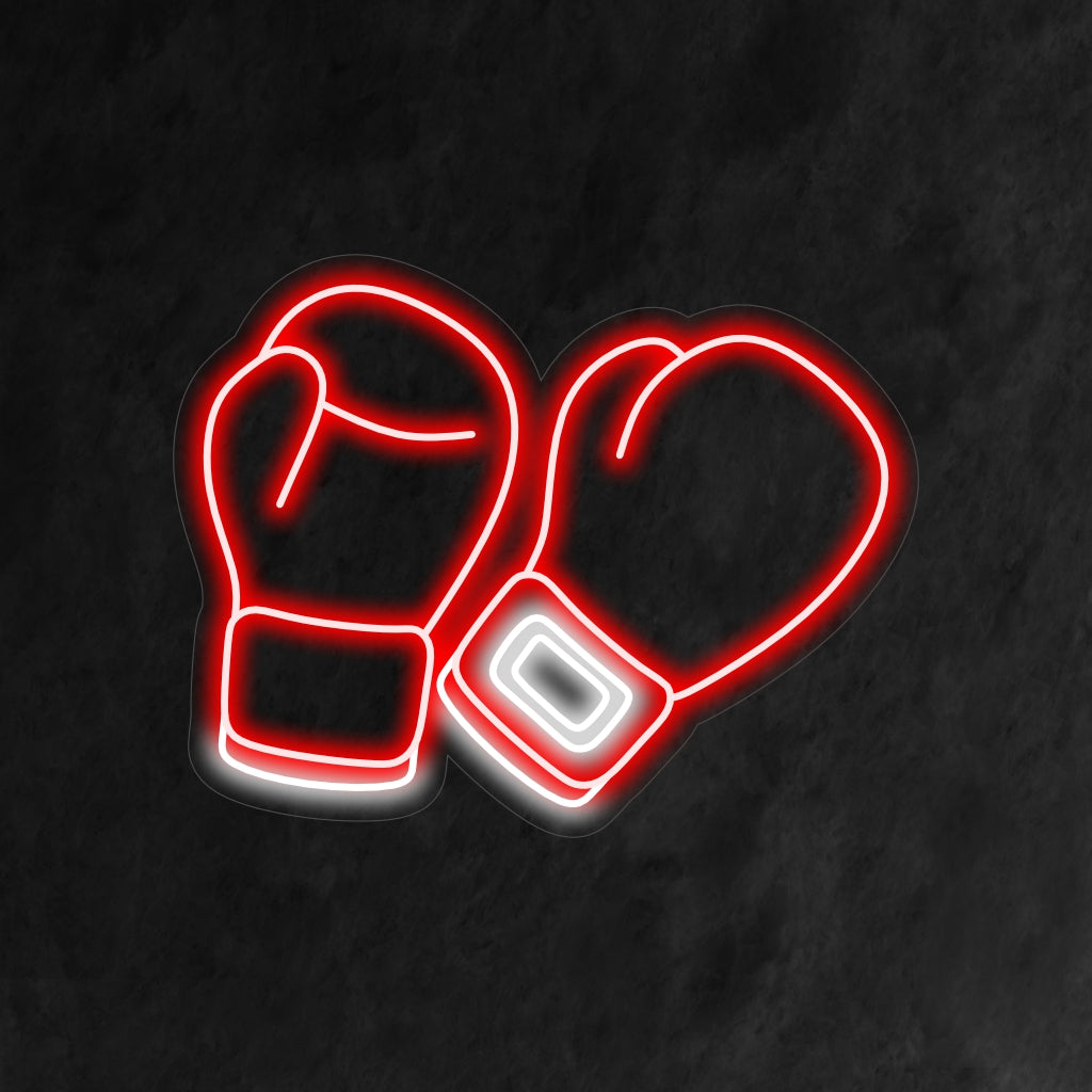 "Boxing Gloves Neon Sign" - Rohkea neonvalo, jossa on nyrkkeilyhanskojen ikoniset symbolit ja joka tuo urheilullisuutta ja intensiivisyyttä nyrkkeilysaliin tai urheiluaiheiseen sisustukseen.