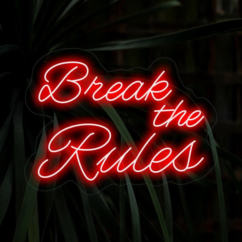 "Break the Rules Neon Sign" - Kapinallinen neonvalo, jossa on rohkea ja voimaannuttava viesti, joka tuo yksilöllisyyden ilmapiirin ja irtautuu käytännöistä asuintilaasi.