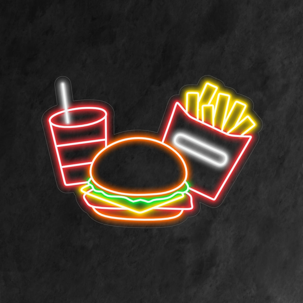 "Burger, Fries, and Drink Neon Sign" - Suussa sulava neonvalo, jossa on hampurilaisen, perunoiden ja juoman ikoniset symbolit, ja se tuo herkullisen tunnelman ja rakkauden klassisiin pikaruokasuosikkeihin ravintolaasi tai pikaruokapaikkaasi.