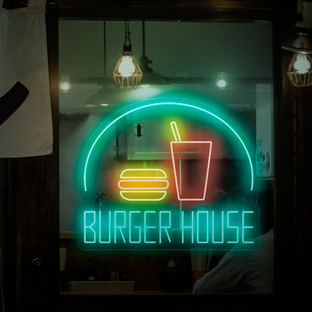 "Burger House Neon Sign" - Eloisa neonvalo, jossa on sanat "Burger House", joka tuo energiaa ja rakkautta herkullisiin hampurilaisiin hampurilaisravintolaasi tai ravintolaasi.