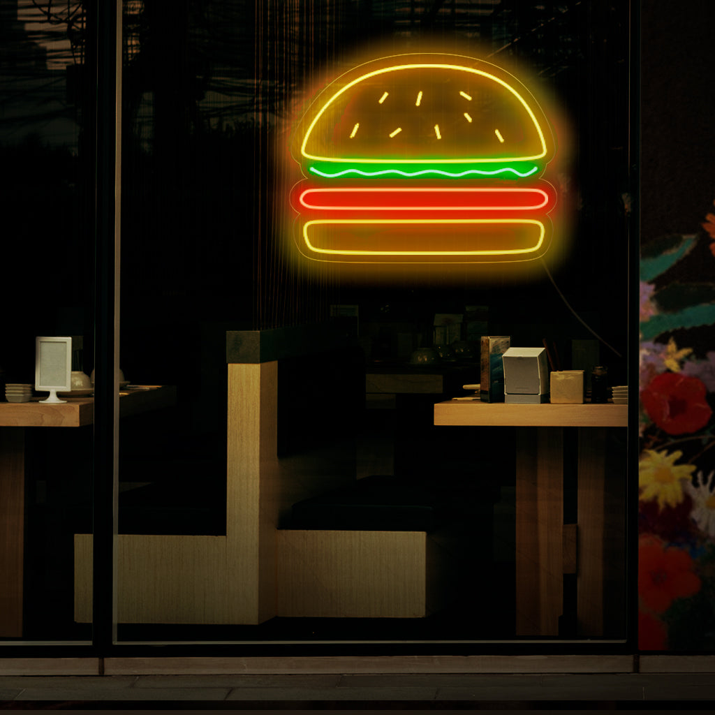 "Burger Neon Sign" - Suussa sulava neonvalo, jossa on hampurilaisen ikoninen symboli ja joka tuo herkullisen tunnelman ja rakkauden klassisiin pikaruokasuosikkeihin hampurilaisravintolaasi.
