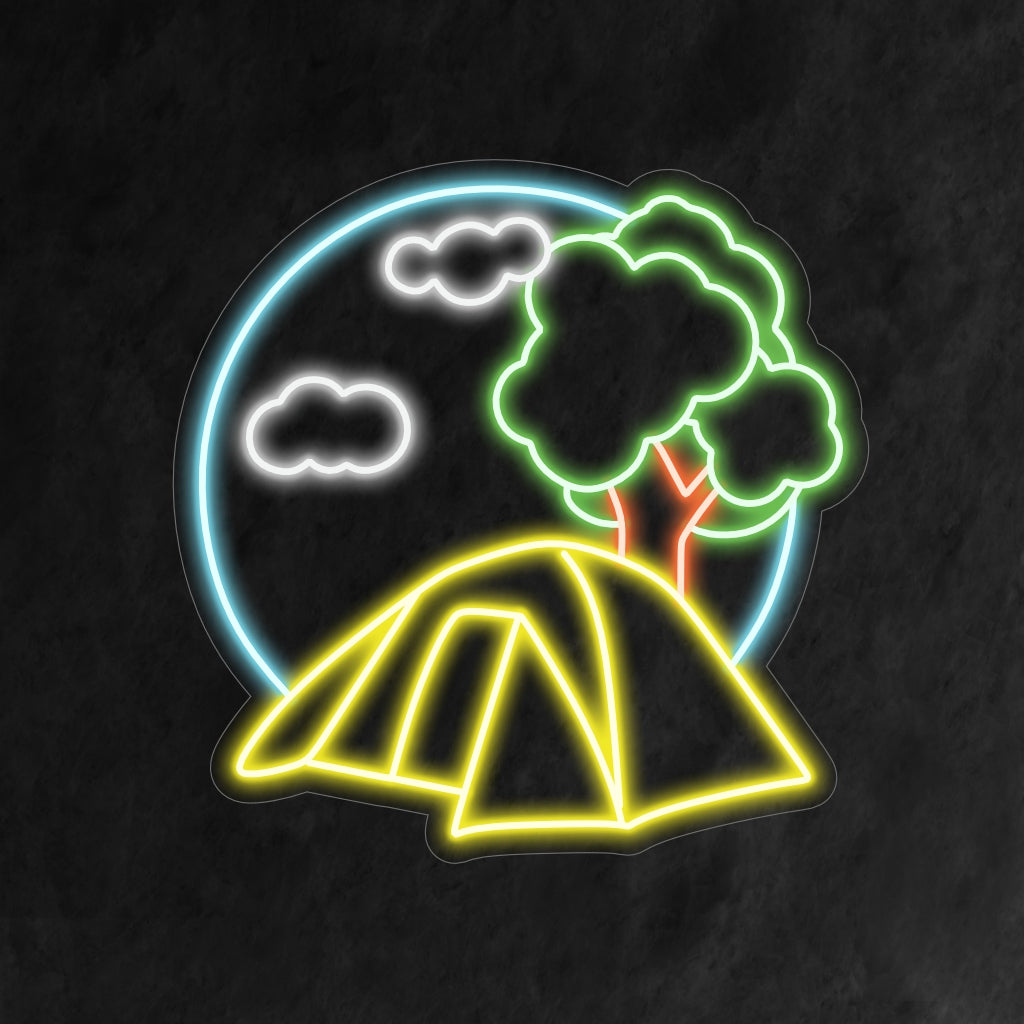 "Camping Neon Sign" valaisee tilasi kodikkaalla nuotiolla ja telttakuvakkeella, joka vangitsee retkeilyn seikkailunhaluisen hengen. Täydellinen lämpimän ja ulkoilman luomiseen missä tahansa ympäristössä.