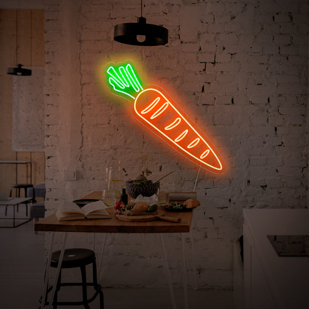 "Carrot Neon Sign" - Leikkisä neonvalo, jossa on oikukas porkkana-symboli, joka luo eloisan tunnelman ja juhlii rakkautta tuoretuotteisiin keittiöösi tai kasvisteemalla.