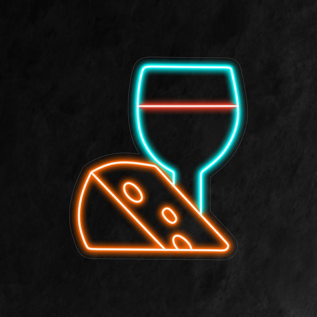 "Cheese With Wine Neon Sign" ��� Tyylikäs ja hienostunut neonvalo, joka esittelee juuston ja viinin ihastuttavan yhdistelmän ja lisää lämpöä ja charmia keittiöösi tai ruokailutilaan.