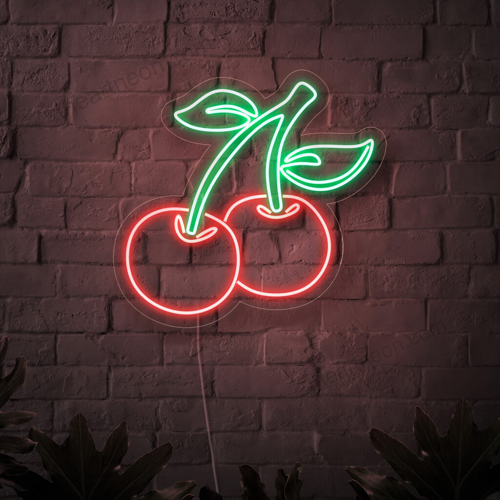 "Cherry Neon Sign" ��� Makea ja eloisa neonvalo, joka esittelee meheviä kirsikoita, tuo hedelmäistä charmia ja lämpöä tilaan.