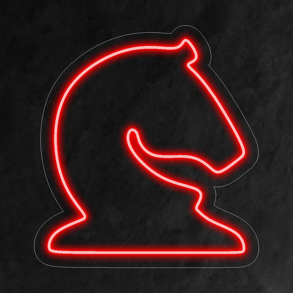 "Chess Horse Neon Sign" ��� Kuninkaallinen ja strateginen neonvalo, joka esittelee shakkiritarin muotoilua ja lisää tilaan hienostuneisuutta ja strategista viehätystä.