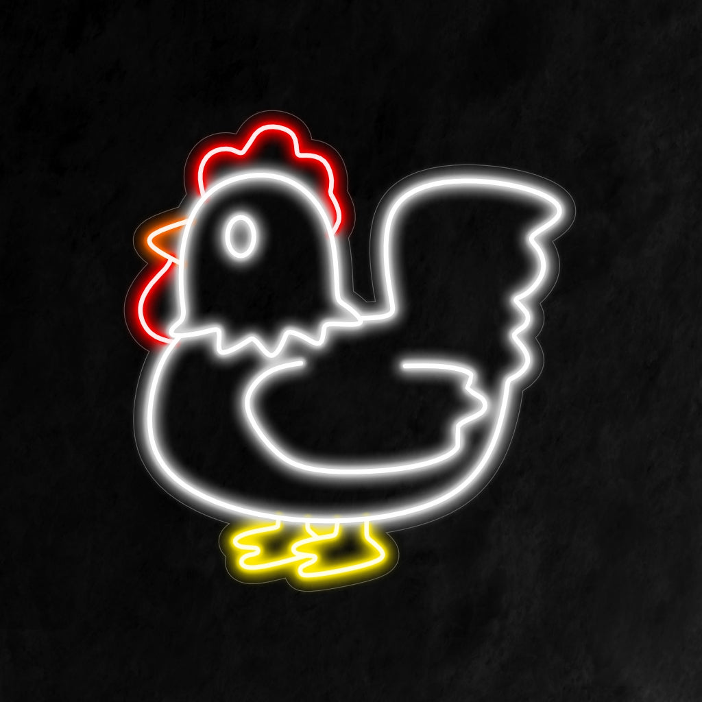 "Chicken Neon Sign" ��� Omalaatuinen ja hurmaava neonvalo, joka esittelee hassua kanamuotoilua ja lisää tilaan leikkisää tunnelmaa ja kulinaarista charmia.