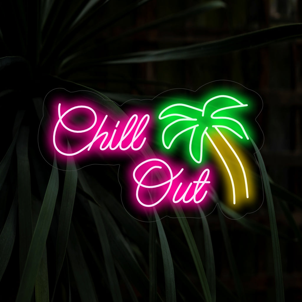 "Chill Out Neon Sign" ��� Rento ja kutsuva neonvalo, jossa on sanat "Chill Out", joka luo viileän ja rentouttavan tunnelman tilaan tyylikkäällä ja modernilla muotoilullaan.