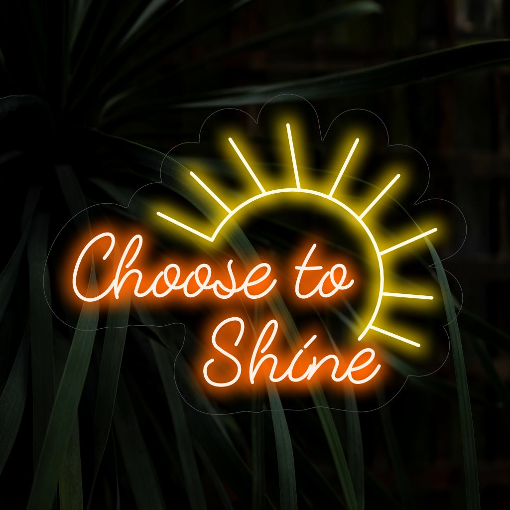 "Choose To Shine Neon Sign" ��� Inspiroiva ja positiivinen neonvalo, jossa näkyy ilmaus "Choose To Shine", säteilee kohottavaa tunnelmaa ja lisää tilaan tyylikkään ilmeen.