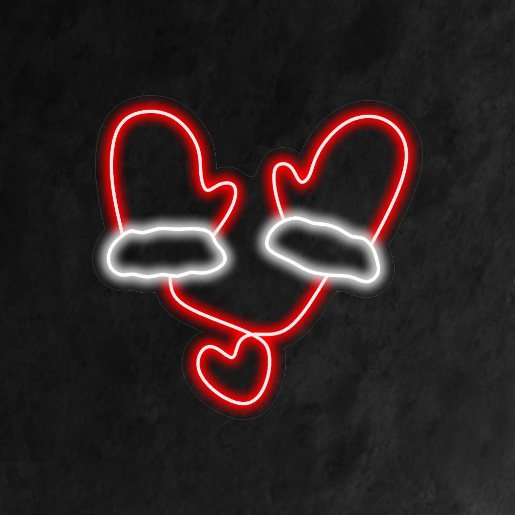 "Christmas Gloves Neon Sign" ��� Juhlallinen ja iloinen neonvalo, joka esittelee ikonisia joulukäsineitä ja lisää tilaan lämpimiä ja iloisia lomatunnelmia.