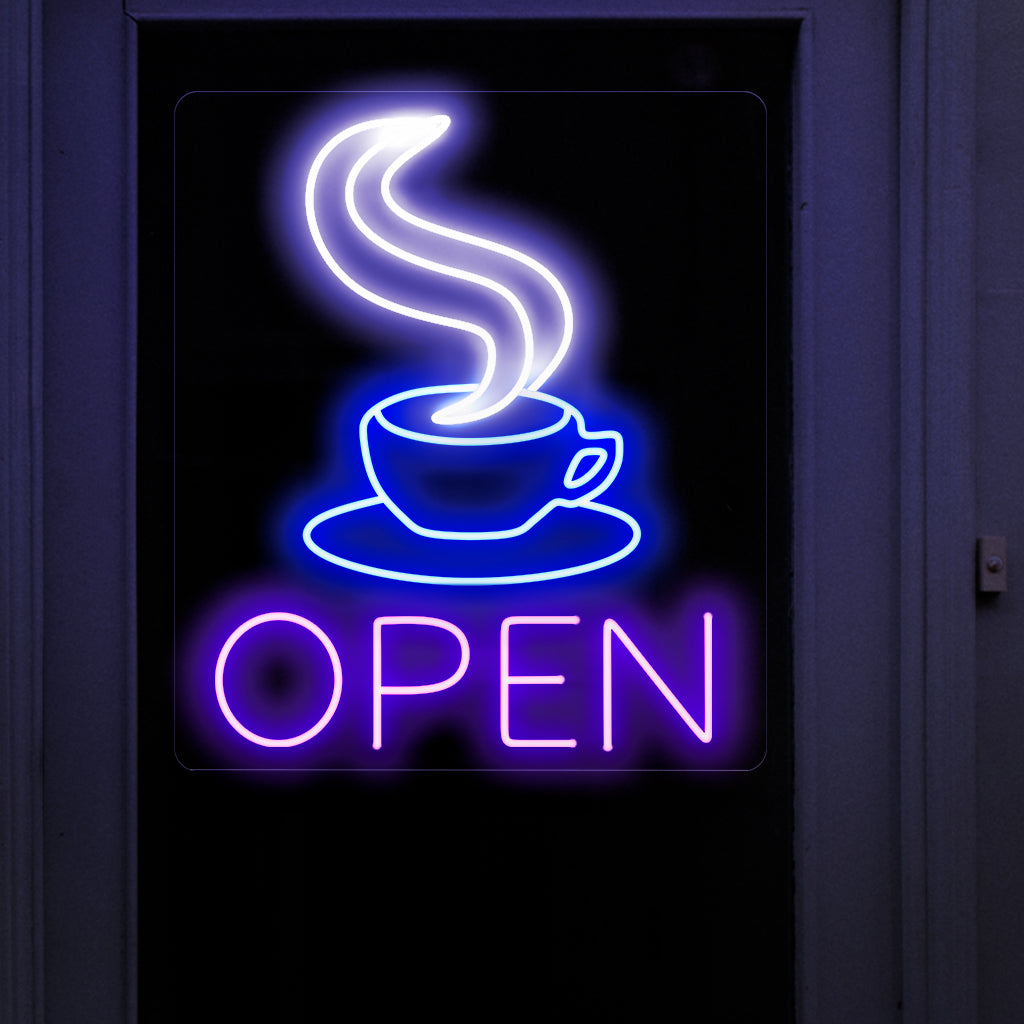 "Coffee Cup Open Neon Sign" ��� Viihtyisä ja kofeiinipitoinen neonvalo, joka esittelee avoimen kahvikupin designin ja tuo kahvilaasi tai viihtyisään nurkkaan lämpimän ja kutsuvan tunnelman.