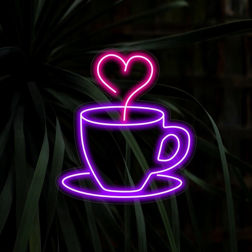 "Coffee Cup With Heart Smoke Neon Sign" ��� Romanttinen ja aromaattinen neonvalo esittelee kahvikuppia sydämenmuotoisella savulla ja luo kahvilaasi tai viihtyisään nurkkaan viehättävän ja kutsuvan tunnelman.