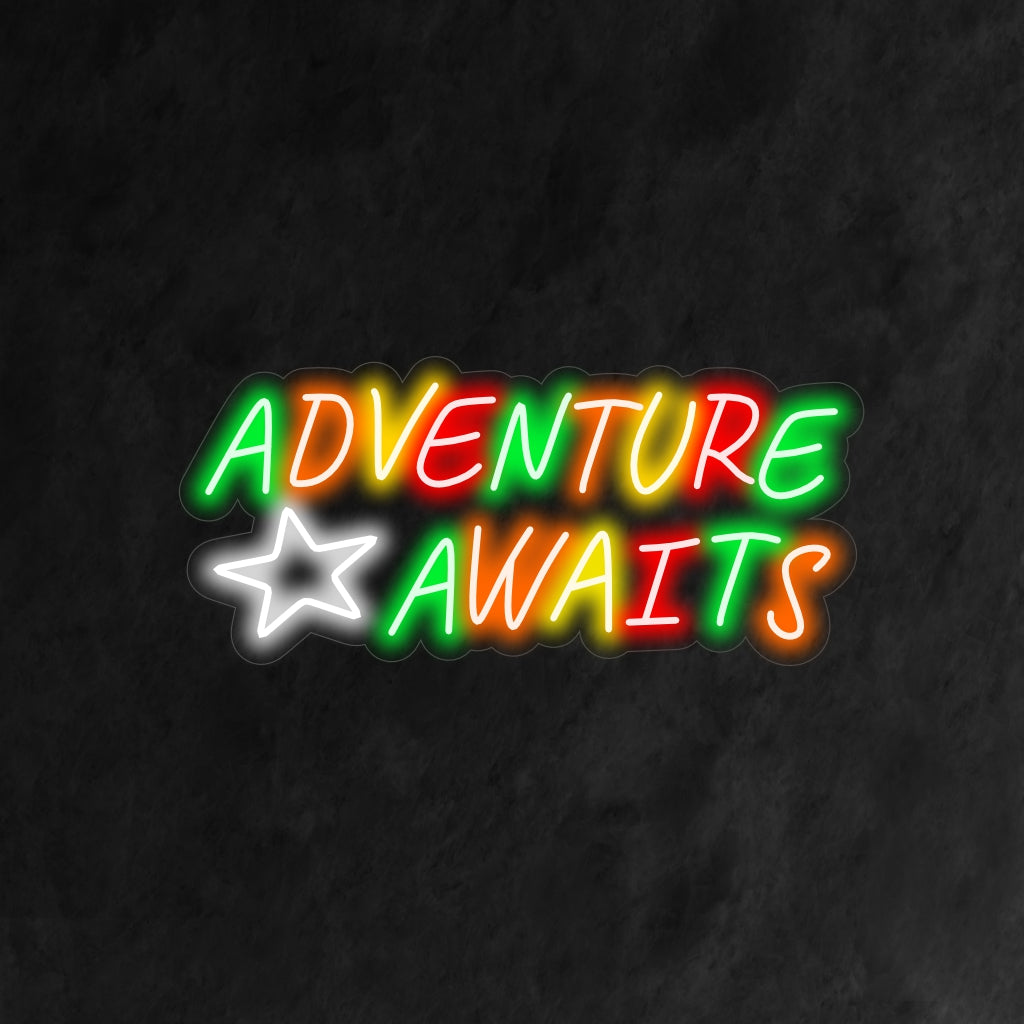 "Colorful Adventure Awaits Neon Sign" ��� Jännittävä ja eloisa neonvalo, jossa on sanat "Colorful Adventure Awaits", joka täyttää tilaan eloisaa energiaa ja seikkailun tunnetta.