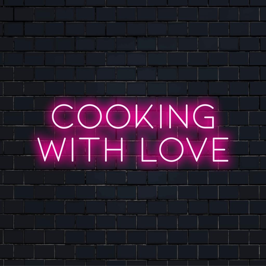 Räätälöity LED-neonkyltti Cooking With Love eloisissa väreissä, täydellinen keittiön sisustukseen tai lahjoihin.