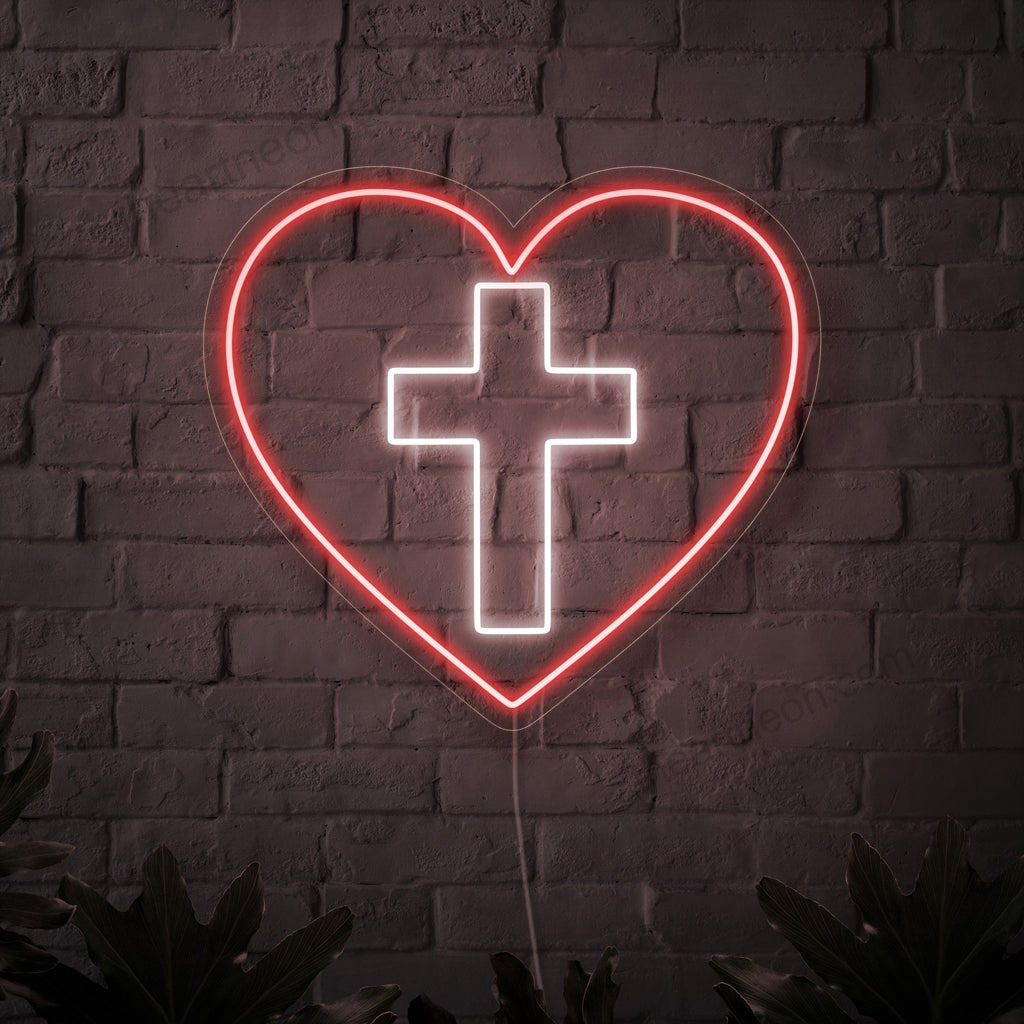 "Cross and Heart Neon Sign" ��� Hengellinen neonvalo, joka esittelee symbolista ristiä ja sydäntä, joka täyttää tilaan lämpöä.