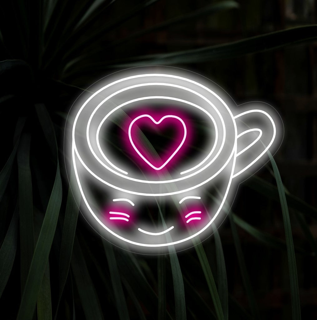 "Cute Happy Coffee Cup with Heart Neon Sign" valaisee tilaasi ilolla, täydellinen lisä kahvinurkkaukseen.