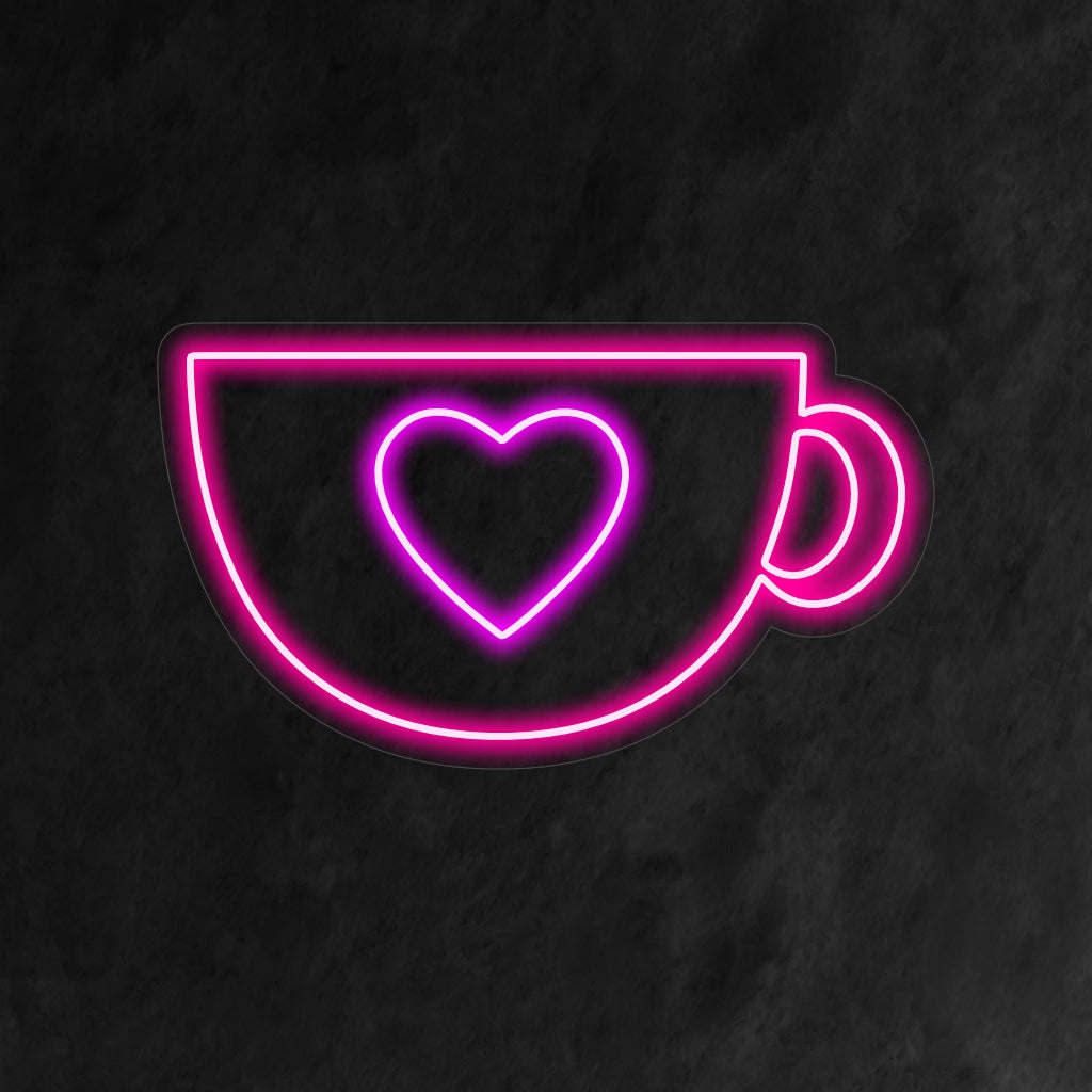 "Cute Mug With A Heart Neon Sign" on suloinen ja viehättävä lisä kahvilasi sisustukseen. Neonvalo, jossa on söpö sydänmuki, joka luo lämpimän ja kutsuvan tunnelman.