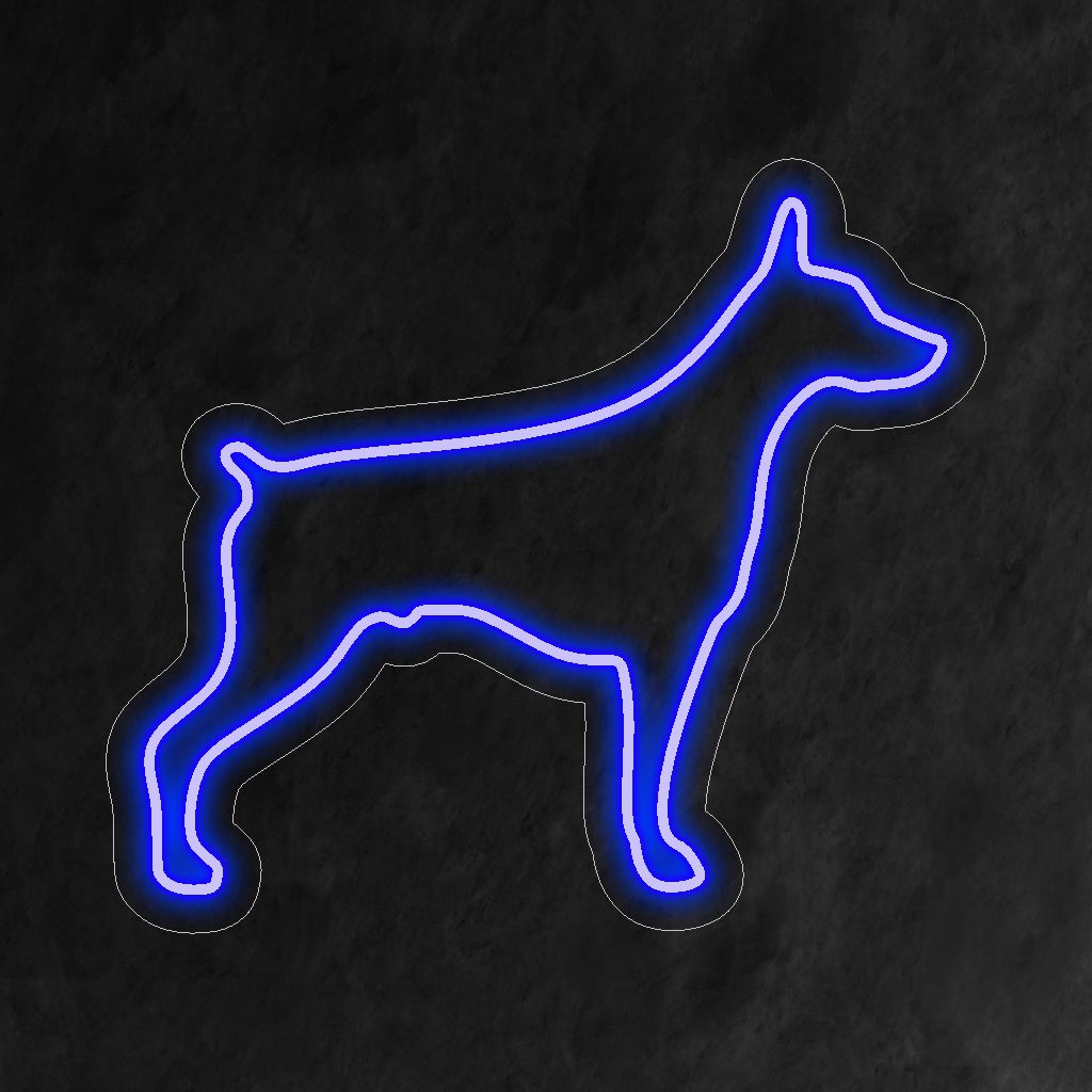 "Doberman Neon Sign" syttyy raivokkaalla hehkulla ja valaisee tilaasi tähän ikoniseen koirarotuun liittyvää voimaa ja uskollisuutta, joka sopii täydellisesti koirien ystäville ja lemmikkiaiheisiin ympäristöihin.