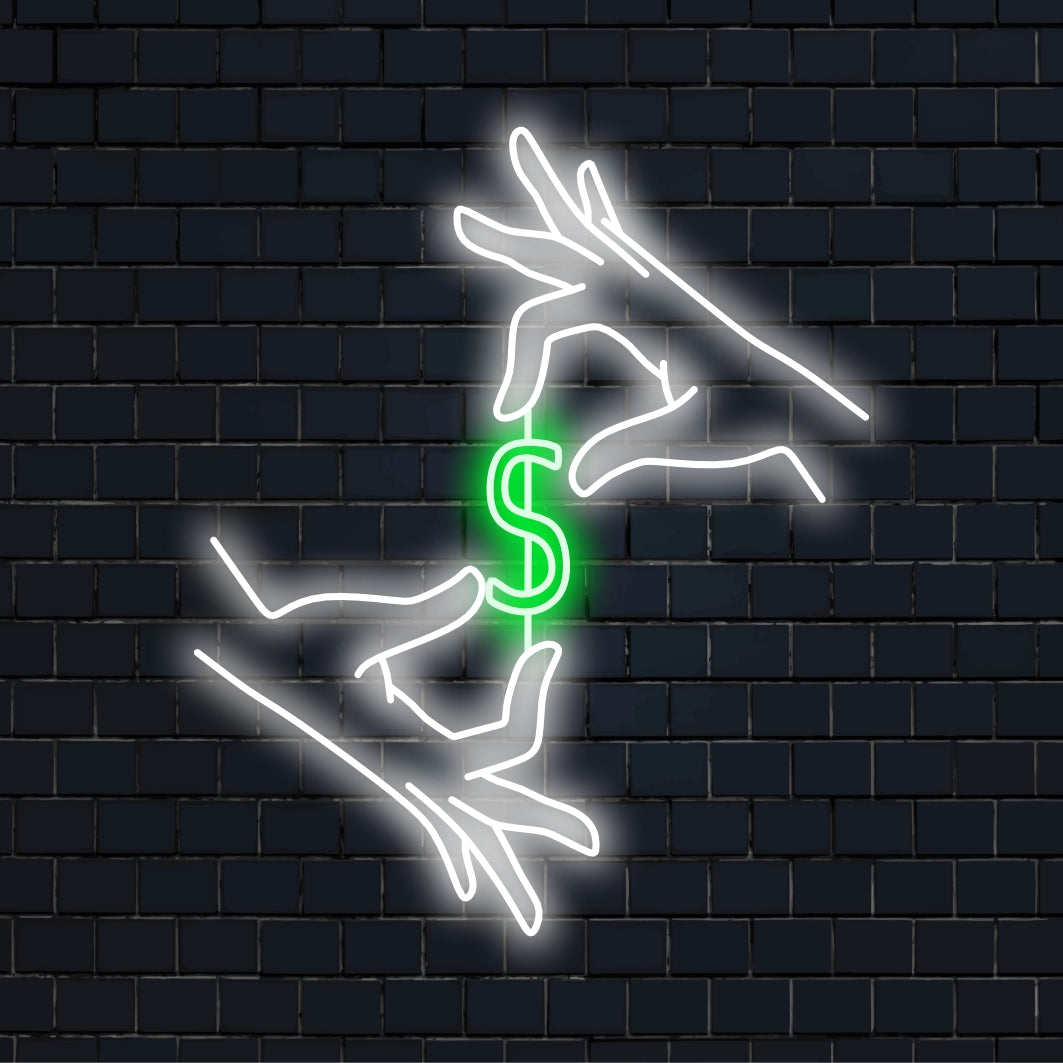 "Dollar Between Hands Neon Sign" syttyy rohkeasti ja symboloi taloudellista menestystä ja vaurautta, joten se sopii täydellisesti yrityksille ja tiloihin, joissa juhlitaan rahallisia saavutuksia.