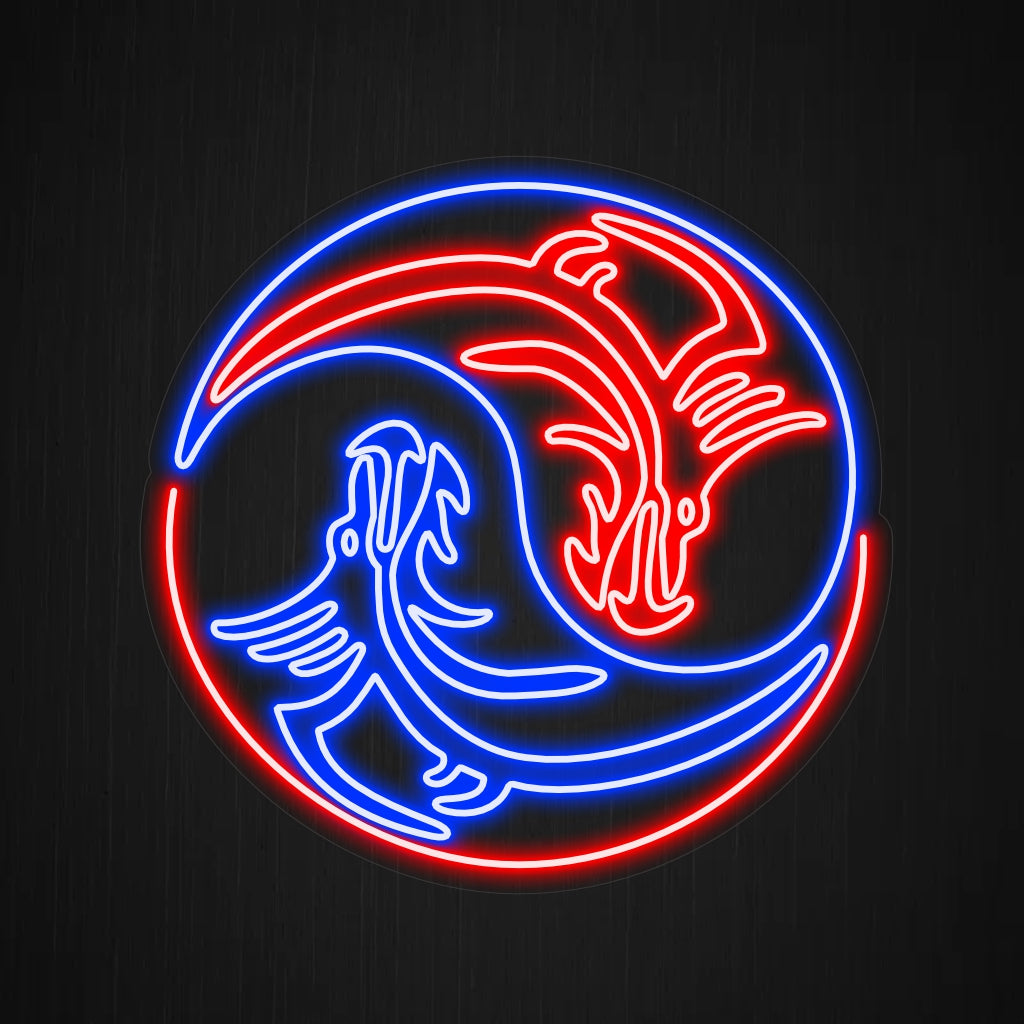 "Dragon Yin Yang Neon Sign" syttyy valloittavalla hehkulla harmonisoimalla lohikäärmeiden myyttisen voiman yinin ja yangin henkisen symboliikan kanssa, mikä tekee siitä täydellisen tasapainoa ja mystiikkaa etsiviin tiloihin.