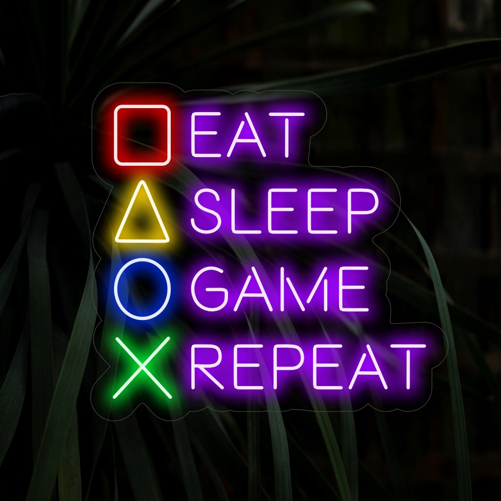 "Eat Sleep Game Repeat Neon Sign" syttyy leikkisällä hehkulla, sopii täydellisesti pelihuoneisiin ja pelielämän tiloihin ja vangitsee pelaajien hauskuuden ja innostuksen.