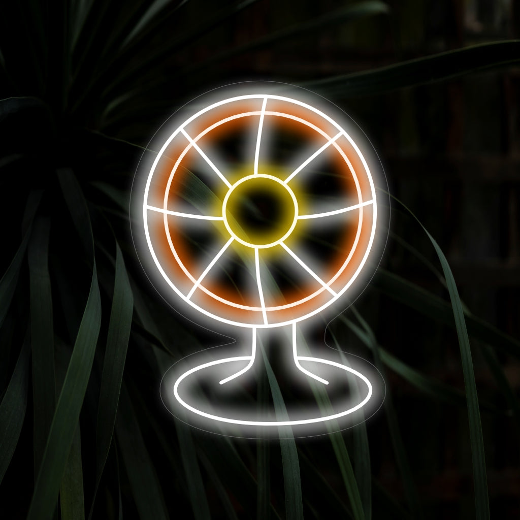 "Electric Fan Neon Sign" syttyy viileällä, retro hehkulla, sopii täydellisesti vintage- ja kodinkonekauppoihin ja esittelee sähkötuulettien klassista viehätystä.
