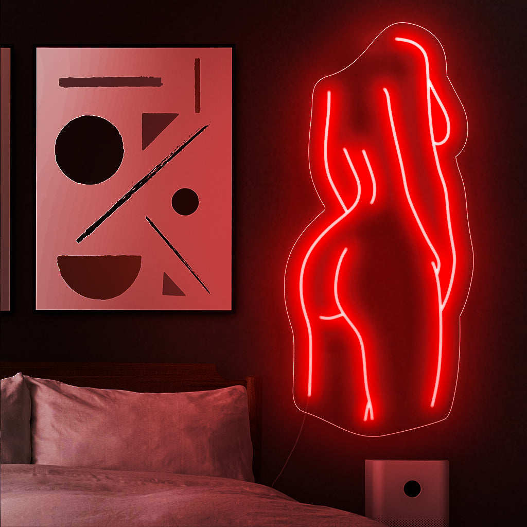 "Elegant Nude Body Neon Sign" toimii esteettisenä ilmaisuna korostaen ihmismuodon kauneutta ja suloisuutta taiteellisesta näkökulmasta.
