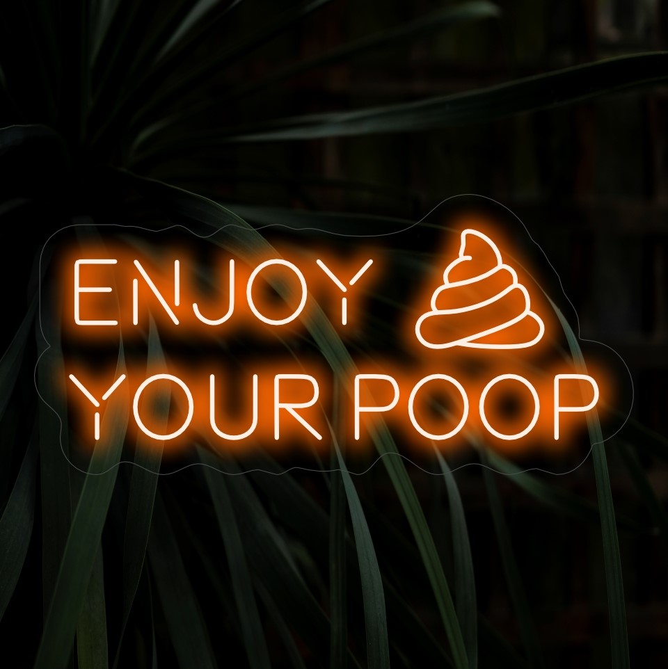 "Enjoy Your Poop Neon Sign" loistaa huumorilla, omaksuen elämän kevyen puolen. Täydellinen tiloihin, jotka arvostavat leikkisiä ja nokkelaa ilmettä.
