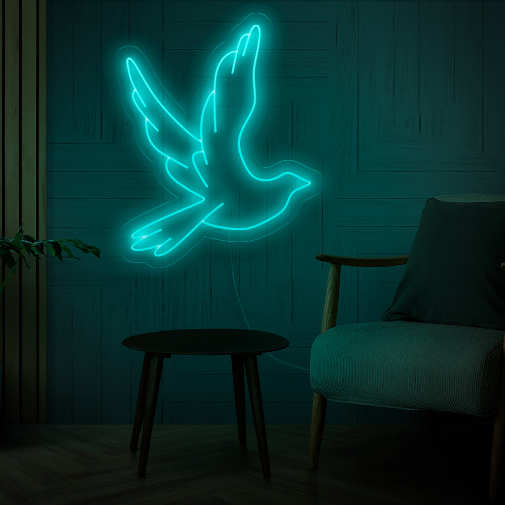 "Flying Dove Neon Sign" - Säteilevä rauhallisuus, täydellinen hengellisiin tiloihin ja tapahtumiin, syleilee nousevan kyyhkysen symbolia.