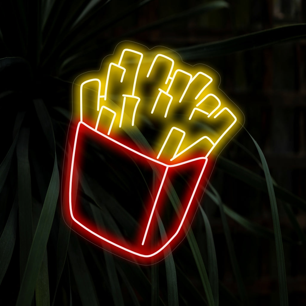 "French Fries Neon Sign" - Vilkas pikaruokatunnelmissa, täydellinen ruokailijoille ja välipalabaareille juhlimaan ranskalaisten perunoiden rapeaa ja herkullista viehätystä.