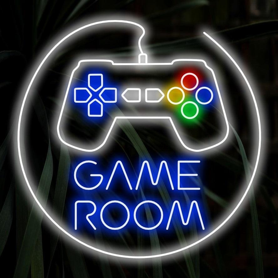 "Game Room Neon Sign" - Valaise leikkisillä fiiliksillä, pakollinen pelihuoneisiin ja viihdetiloihin luoden turvapaikan pelien harrastajille.
