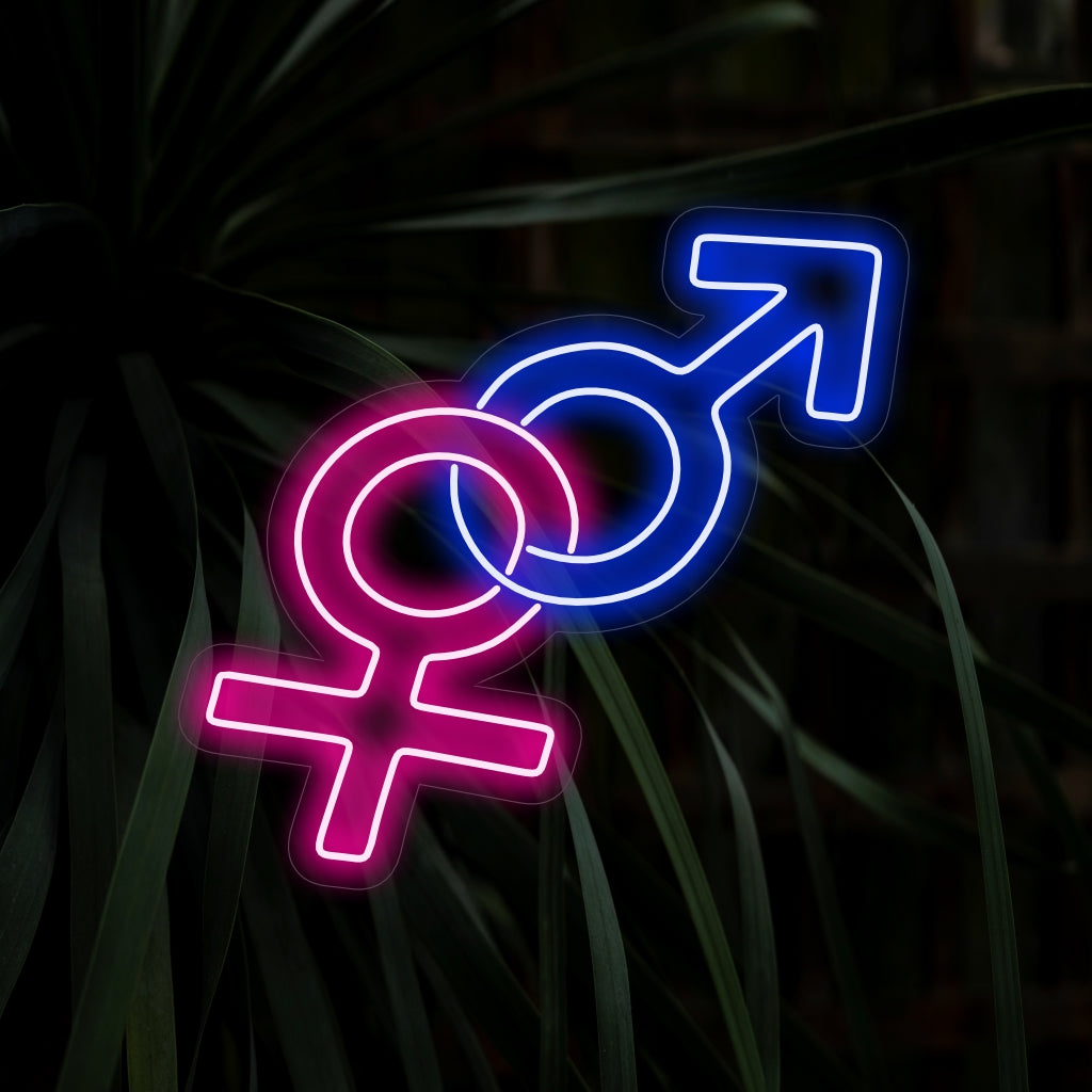 "Gender Symbol Neon Sign" - Lähettää viestin monimuotoisuudesta ja osallisuudesta, sopii erinomaisesti tiloihin, jotka edistävät sukupuolitietoisuutta ja klinikoita sekä tukevat sukupuolten osallisuutta.