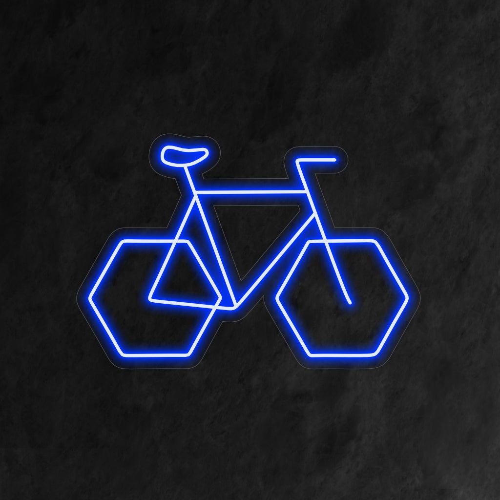 "Geometric Bike Neon Sign" - Polkeminen modernilla tyylillä, täydellinen pyöräkaupoille ja pyöräilyn harrastajille, vangitsemassa geometrian ja pyöräilyn rakkauden yhdistelmää.