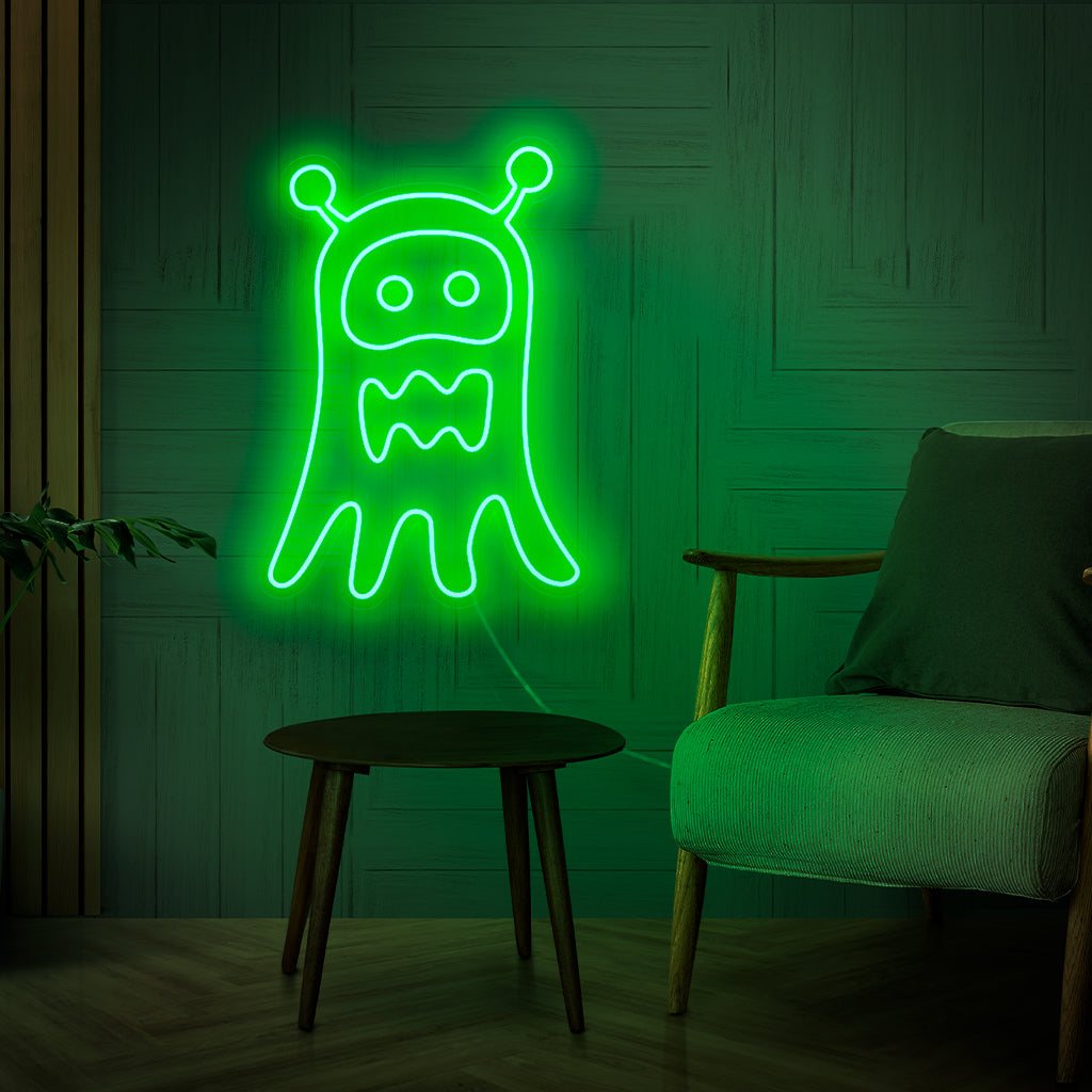 "Ghost Monster Neon Sign" - Kummittelee hassulla viehätysvoimalla, sopii täydellisesti luoviin tiloihin ja pelihuoneisiin ja tuo ympäristöön ripauksen leikkisää pelottelua.