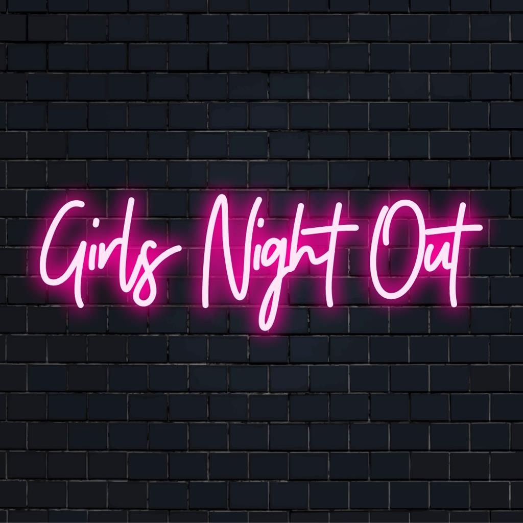 Elävä mukautettu LED-valokyltti leikkisällä Girls Night Out -tekstikirjoituksella hehkuvissa sävyissä, täydellinen mihin tahansa hauskaan kokoontumistilaan.