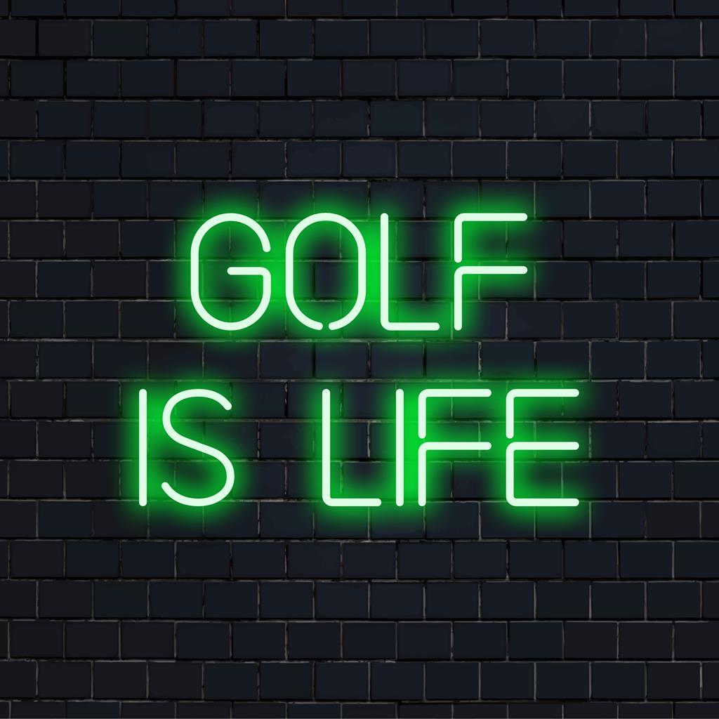 Mukautettu LED-valokyltti, jossa lukee Golf Is Life kirkkaissa, eloisissa väreissä, ihanteellinen urheilun harrastajille, neonseinätaiteen ystäville ja mukautetun sisustuksen ystäville.